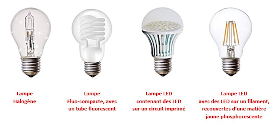 Lampe halogène ; lampe fluo compacte ; lampe led