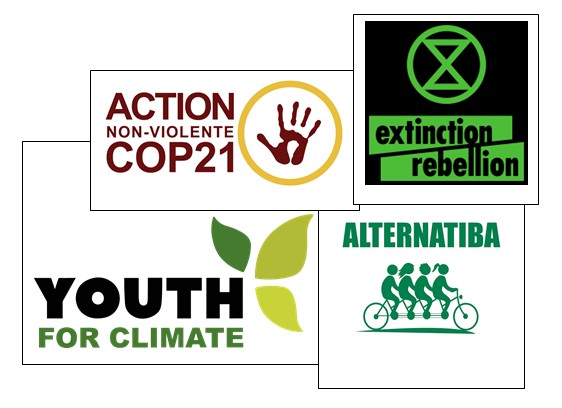 Quelques mouvements qui luttent contre le changement climatique. Extinction Rebellion (en haut à droite) a pris pour symbole un cercle, représentant la Terre, avec au centre un sablier, signe de l’urgence à agir.